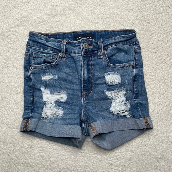 Aeropostale High Rise Midi Distressed Ripped Denim Jeans Shorts Size 00 - Picture 1 of 8